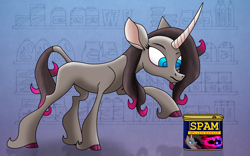 Size: 2560x1600 | Tagged: safe, artist:elite-bean-dip, imported from derpibooru, oleander, classical unicorn, unicorn, them's fightin' herds, cloven hooves, community related, confused, curved horn, female, frown, glare, horn, leonine tail, magic, mare, oleander (tfh), open mouth, raised hoof, reaching, solo, spam, unshorn fetlocks, wide eyes