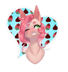 Size: 2149x2273 | Tagged: safe, artist:ohhoneybee, imported from derpibooru, oc, oc only, oc:strawberry bonbon, pony, bust, female, mare, one eye closed, portrait, solo, wink