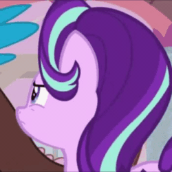 Size: 350x350 | Tagged: safe, edit, edited screencap, editor:axal-5, imported from derpibooru, screencap, discord, starlight glimmer, draconequus, pony, unicorn, a matter of principals, season 8, spoiler:s08, animated, boop, cropped, female, food, frown, gif, glare, gritted teeth, male, mare, nose wrinkle, ouch, popcorn, rubbing, sad, solo focus, text edit, violent booping, wide eyes