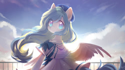 Size: 1280x712 | Tagged: safe, artist:dreamsugar, imported from derpibooru, oc, oc only, pegasus, pony, backlighting, cloud, cute, female, looking at you, looking back, mare, sailor uniform, signature, sky, smiling, solo, spread wings, uniform, windswept mane, wings