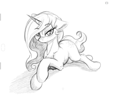 Size: 2048x1536 | Tagged: safe, alternate version, artist:alcor, imported from derpibooru, princess celestia, pony, unicorn, bedroom eyes, cheek fluff, chest fluff, eyelashes, female, floppy ears, high res, horn, looking at you, mare, monochrome, pose, prone, race swap, raised eyebrow, sexy, simple background, sketch, solo, sultry pose, unicorn celestia, white background