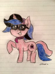 Size: 2448x3264 | Tagged: safe, artist:michaelmaddox222, imported from derpibooru, oc, oc:indigo shadow, pony, unicorn, clothes, female, glasses, headband, lined paper, looking at you, padlock, scarf, signature, solo, traditional art