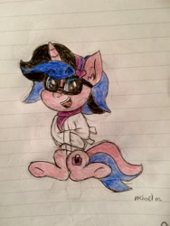 Size: 2448x3264 | Tagged: safe, artist:michaelmaddox222, imported from derpibooru, oc, oc:indigo shadow, pony, unicorn, bondage, clothes, female, glasses, headband, lineart, lined paper, looking at you, padlock, scarf, signature, solo, straitjacket, traditional art