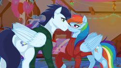 Size: 1920x1080 | Tagged: safe, artist:pimpartist101, imported from derpibooru, rainbow dash, soarin', pegasus, pony, christmas, clothes, female, holiday, holly, holly mistaken for mistletoe, looking at each other, male, mare, shipping, smiling, soarindash, stallion, straight, sweater