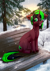 Size: 764x1080 | Tagged: safe, artist:aishamishizuomi, imported from derpibooru, oc, oc only, oc:pynoka, pony, unicorn, bench, cutie mark, green eyes, headphones, sitting, snow, solo