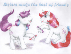 Size: 1019x784 | Tagged: safe, artist:fvonj, imported from derpibooru, glory, moondancer (g1), pony, unicorn, bow, duo, female, g1, ponies playing with ponies, tail bow, traditional art, younger