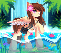 Size: 3333x2881 | Tagged: safe, artist:airiniblock, imported from derpibooru, oc, oc only, fish, pegasus, pony, commission, female, flower, flower in hair, mare, rcf community, smiling, solo, water, waterfall