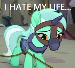 Size: 316x286 | Tagged: safe, edit, edited screencap, imported from derpibooru, screencap, lyra heartstrings, pony, my little pony: the movie, caption, gag, harness, horn cap, muzzle gag, sad, tack, text