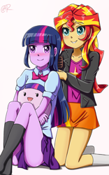 Size: 750x1200 | Tagged: safe, artist:tastyrainbow, imported from derpibooru, sunset shimmer, twilight sparkle, equestria girls, blushing, clothes, cute, duo, happy, pleated skirt, schrödinger's pantsu, simple background, skirt, socks, twibutt, upskirt denied, white background