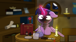 Size: 1920x1080 | Tagged: safe, artist:ljdamz1119, imported from derpibooru, twilight sparkle, alicorn, pony, book, bookshelf, candle, cute, dropper, erlenmeyer flask, explosion, female, fire, flask, glowing horn, magic, mare, night, open mouth, paper boat, petri dish, potion, scorched, scroll, solo, soot, surprised, telekinesis, test tube, twiabetes, twilight sparkle (alicorn), window