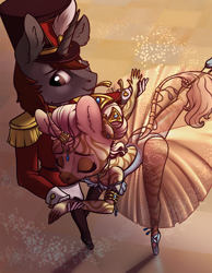 Size: 746x960 | Tagged: safe, artist:28gooddays, imported from derpibooru, oc, oc only, oc:golden notes, oc:harmonic waters, anthro, plantigrade anthro, unicorn, zebra, zebracorn, ballerina, clothes, dancing, jewelry, leotard, nutcracker, the nutcracker