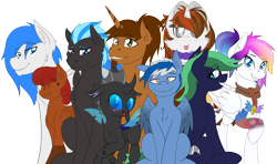 Size: 5744x3407 | Tagged: safe, artist:crowneprince, artist:waveywaves, artist:wcnimbus, deleted from derpibooru, derpibooru exclusive, imported from derpibooru, oc, oc only, oc:coppercore, oc:firefly, oc:lumi, oc:middy, oc:nimbus, oc:nova breeze, oc:snowstorm, oc:waves, oc:winter, changeling, pegasus, pony, sphinx, unicorn, 2019 community collab, derpibooru community collaboration, absurd resolution, blind, bowtie, charm, clothes, cutie mark, female, group photo, looking at you, male, mare, scarf, stallion, tattoo