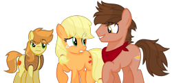 Size: 1583x760 | Tagged: safe, artist:sapphireartemis, imported from derpibooru, applejack, braeburn, oc, oc:bronzite cortland, pony, hatless, missing accessory, simple background, story included, transparent background