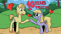 Size: 2880x1620 | Tagged: safe, artist:pony-berserker, imported from derpibooru, oc, oc only, oc:szafalesiaka, unnamed oc, earth pony, pony, unicorn, 10, 2018, anniversary, anniversary art, caption, couple, english, female, glasses, grass, happy, heart, holding hooves, looking at each other, love, male, mare, number, open mouth, outdoors, path, shipping, side view, smiling, stallion, standing, touching hooves, tree