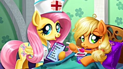 Size: 1280x720 | Tagged: safe, imported from derpibooru, applejack, fluttershy, earth pony, pegasus, pony, applejack stomach care, bed, blanket, clipboard, duo, female, flash game, folded wings, indoors, looking at you, mare, nurse, nurse outfit, wings, yogurt