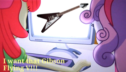 Size: 1256x720 | Tagged: safe, edit, edited screencap, imported from derpibooru, screencap, apple bloom, sweetie belle, equestria girls, equestria girls (movie), apple bloom's bow, bow, computer, electric guitar, gibson flying v, guitar, hair bow, hairband, musical instrument