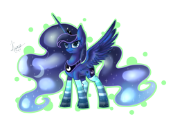 Size: 1400x1000 | Tagged: dead source, safe, artist:hilloty, imported from derpibooru, princess luna, alicorn, pony, clothes, female, simple background, socks, solo, spread wings, striped socks, transparent, transparent background, wings