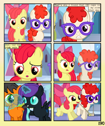 Size: 900x1080 | Tagged: safe, artist:lister-of-smeg, imported from derpibooru, apple bloom, twist, oc, oc:lazybug, oc:nyx, alicorn, earth pony, pony, comic:crystal heart attack, colt, glasses, magic, male