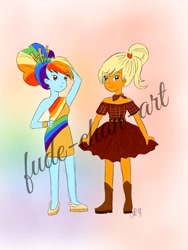 Size: 1080x1440 | Tagged: safe, artist:fude-chan-art, imported from derpibooru, applejack, rainbow dash, equestria girls, alternate hairstyle, appledash, armpits, clothes, dress, female, lesbian, obtrusive watermark, shipping, watermark