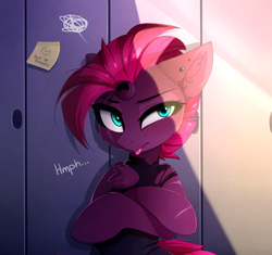 Size: 2526x2374 | Tagged: safe, artist:magnaluna, imported from derpibooru, tempest shadow, pony, unicorn, broken horn, chest fluff, crossed arms, ear fluff, ear piercing, explicit source, eye scar, female, horn, locker, lockers, mare, piercing, post-it, scar, solo, sticky note, tongue out, tongue piercing