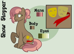 Size: 900x659 | Tagged: safe, artist:sinamuna, imported from derpibooru, oc, oc only, oc:show stopper, earth pony, pony, base used, brown fur, green eyes, male, nextgen:sinverse, offspring, parent:button mash, parent:sweetie belle, parents:sweetiemash, pink hair, reference sheet, solo, stallion, stubble