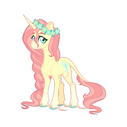 Size: 900x900 | Tagged: safe, artist:whalepornoz, imported from derpibooru, fluttershy, classical unicorn, pony, unicorn, leak, spoiler:g5, alternate design, braid, cloven hooves, female, floral head wreath, flower, fluttershy (g5 concept leak), fluttershy (g5), g5, g5 concept leak style, g5 concept leaks, leonine tail, looking at you, mare, redesign, simple background, smiling, solo, stray strand, three quarter view, transparent background, unicorn fluttershy, unshorn fetlocks