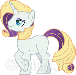 Size: 400x395 | Tagged: safe, artist:sinamuna, imported from derpibooru, oc, oc only, oc:uptown chic, pony, unicorn, base used, beauty mark, blonde hair, curly hair, eyeshadow, makeup, male, nextgen:sinverse, offspring, parent:rarity, parent:zephyr breeze, parents:raribreeze, purple hair, rule 63, solo, stallion, watermark