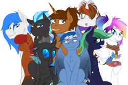 Size: 5065x3387 | Tagged: safe, artist:crowneprince, artist:waveywaves, artist:wcnimbus, derpibooru exclusive, imported from derpibooru, oc, oc only, oc:coppercore, oc:firefly, oc:lumi, oc:middy, oc:nimbus, oc:nova breeze, oc:snowstorm, oc:waves, oc:winter, changeling, pegasus, pony, sphinx, unicorn, 2019 community collab, derpibooru community collaboration, absurd resolution, blind, bowtie, charm, clothes, cutie mark, female, group photo, looking at you, male, mare, scarf, simple background, stallion, tattoo, transparent background