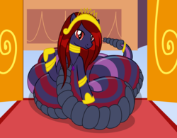 Size: 4268x3322 | Tagged: safe, artist:badumsquish, derpibooru exclusive, imported from derpibooru, oc, oc only, lamia, monster pony, original species, rattlesnake, snake, series:equestria and the world, bracelet, crown, doorway, eyeshadow, female, jewelry, lidded eyes, long mane, looking at you, makeup, monster mare, necklace, palace, queen, rattle, regalia, show accurate, smiling, smirk, solo