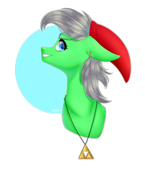 Size: 2289x2705 | Tagged: safe, artist:ohhoneybee, imported from derpibooru, oc, oc only, oc:winter flaze, pony, bust, cap, female, hat, jewelry, mare, necklace, portrait, solo, the legend of zelda, triforce