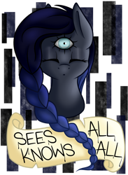 Size: 1024x1397 | Tagged: safe, artist:blocksy-art, imported from derpibooru, oc, oc only, oc:oculus noctis, pony, abstract background, braid, bust, eyes closed, female, mare, not nightmare moon, portrait, solo, third eye