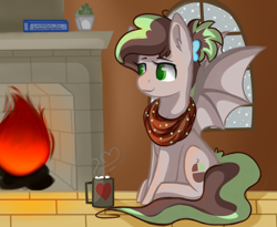 Size: 2750x2250 | Tagged: safe, artist:blocksy-art, imported from derpibooru, oc, oc only, oc:cocoa dot, bat pony, pony, bat pony oc, clothes, female, fireplace, mare, mug, scarf, sitting, solo