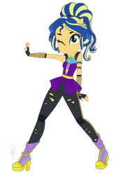 Size: 1490x2170 | Tagged: safe, artist:ilaria122, imported from derpibooru, oc, oc only, oc:shining swirls, equestria girls, boots, clothes, female, fingerless gloves, gloves, leather leggings, next generation, offspring, one eye closed, parent:flash sentry, parent:sunset shimmer, parents:flashimmer, ponied up, ripped pants, shoes, simple background, smiling, solo, transparent background