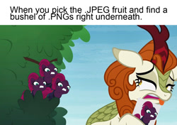 Size: 1280x900 | Tagged: safe, edit, edited screencap, imported from derpibooru, screencap, autumn blaze, tempest shadow, kirin, pony, unicorn, sounds of silence, amazing, caption, disgusted, exploitable meme, female, image macro, jpeg fruit, looking back, mare, meme, meta, needs more jpeg, png, png fruit, recoil, scam, shitposting, text, tongue out, tree, wat