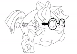 Size: 1600x1132 | Tagged: safe, artist:arrowny18, imported from derpibooru, pinkie pie, oc, oc:cali, balloon pony, pony, unicorn, absurd resolution, balloon, bow, commission, glasses, lineart, living object, simple background, smiling, white background