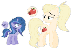 Size: 3128x2156 | Tagged: safe, artist:valeidi, imported from derpibooru, oc, oc:alpha centauri, oc:florina apple, earth pony, pony, unicorn, base used, cutie mark, duo, female, freckles, lidded eyes, mare, offspring, outline, parent:applejack, parent:caramel, parent:flash sentry, parent:twilight sparkle, parents:carajack, parents:flashlight, ponytail