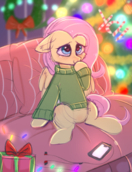 Size: 1635x2130 | Tagged: safe, artist:pesty_skillengton, imported from derpibooru, fluttershy, pony, blushing, bottomless, chair, clothes, commission, confused, covering mouth, cute, daaaaaaaaaaaw, featureless crotch, female, floppy ears, garland, hall, headphones, heart eyes, iphone, partial nudity, present, shyabetes, sitting, smiling, solo, sweater, sweatershy, three quarter view, tree, wingding eyes, ych result