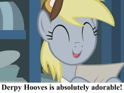 Size: 972x729 | Tagged: safe, edit, edited screencap, imported from derpibooru, screencap, derpy hooves, best gift ever, captain obvious, cropped, cute, derpabetes, eyes closed, fact, hat, mailmare hat, paper, post office, text, truth, you don't say