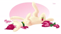 Size: 2500x1404 | Tagged: safe, imported from derpibooru, roseluck, earth pony, pony, adorarose, behaving like a cat, bow, collar, commissioner:doom9454, cute, cyrillic, digital art, lying, lying down, on back, one eye closed, pet tag, pony pet, purring, rosabetes, rosepet, russian, solo, stretching, tail bow, translated in the description