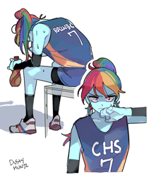 Size: 1258x1490 | Tagged: safe, artist:dusty-munji, imported from derpibooru, rainbow dash, equestria girls, clothes, female, shirt, shoes, shorts, signature, simple background, sitting, sneakers, solo, white background