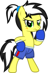 Size: 712x1092 | Tagged: safe, artist:lightningbolt, derpibooru exclusive, imported from derpibooru, oc, oc only, oc:uppercute, earth pony, pony, .svg available, angry, bipedal, boxing gloves, clothes, female, freckles, hoof on hip, looking at you, mare, ponytail, shorts, show accurate, simple background, solo, svg, transparent background, vector