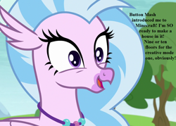 Size: 1008x720 | Tagged: safe, edit, edited screencap, imported from derpibooru, screencap, silverstream, non-compete clause, cropped, cute, dialogue, diastreamies, implied button mash, minecraft, that hippogriff sure does love stairs, tree