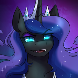 Size: 675x675 | Tagged: safe, artist:cosmalumi, artist:its-gloomy, imported from derpibooru, nightmare moon, alicorn, pony, bust, crown, female, jewelry, looking at you, mare, portrait, regalia, slit eyes, slit pupils, smiling, solo