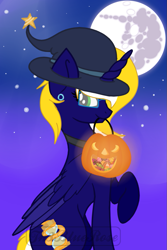 Size: 731x1094 | Tagged: safe, artist:php114, deleted from derpibooru, imported from derpibooru, oc, oc:time vortex (northerndawn), oc:time vortex (th3bluerose), alicorn, android, base used, candy, cyberlife, food, halloween, hat, holiday, jack-o-lantern, pumpkin, witch hat