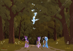 Size: 3000x2100 | Tagged: safe, artist:eriada, imported from derpibooru, starlight glimmer, trixie, twilight sparkle, alicorn, pony, unicorn, clothes, female, flower, forest, glowing horn, magic, mare, robe, saddle bag, telekinesis, tree, trio, twilight sparkle (alicorn)