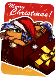 Size: 7070x10000 | Tagged: safe, artist:renpony, imported from derpibooru, oc, oc only, oc:naarkessex, pegasus, pony, absurd resolution, christmas, hat, holiday, merry christmas, present, santa hat, tongue out, ych result