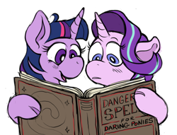 Size: 1117x852 | Tagged: safe, artist:nelfs, imported from derpibooru, starlight glimmer, twilight sparkle, pony, unicorn, book, duo, reading