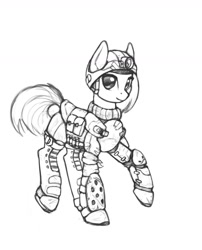 Size: 1280x1581 | Tagged: safe, artist:asimos, imported from derpibooru, part of a set, applejack, pony, alternate hairstyle, ammunition, armor, boots, female, grayscale, helmet, looking at you, monochrome, shoes, shotgun shell, simple background, solo, white background