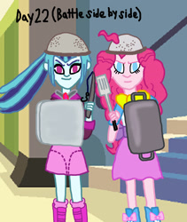 Size: 1700x2011 | Tagged: safe, artist:ktd1993, imported from derpibooru, pinkie pie, sonata dusk, equestria girls, female, lesbian, pans, pinata (ship), pot, shipping, spatula