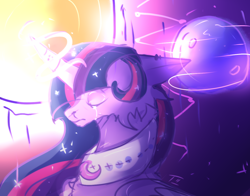 Size: 1400x1100 | Tagged: safe, artist:topolok, imported from derpibooru, twilight sparkle, alicorn, pony, bust, cheek fluff, crying, ethereal mane, eyes closed, female, floppy ears, glowing horn, jewelry, mare, necklace, portrait, sketch, solo, starry mane, twilight sparkle (alicorn)